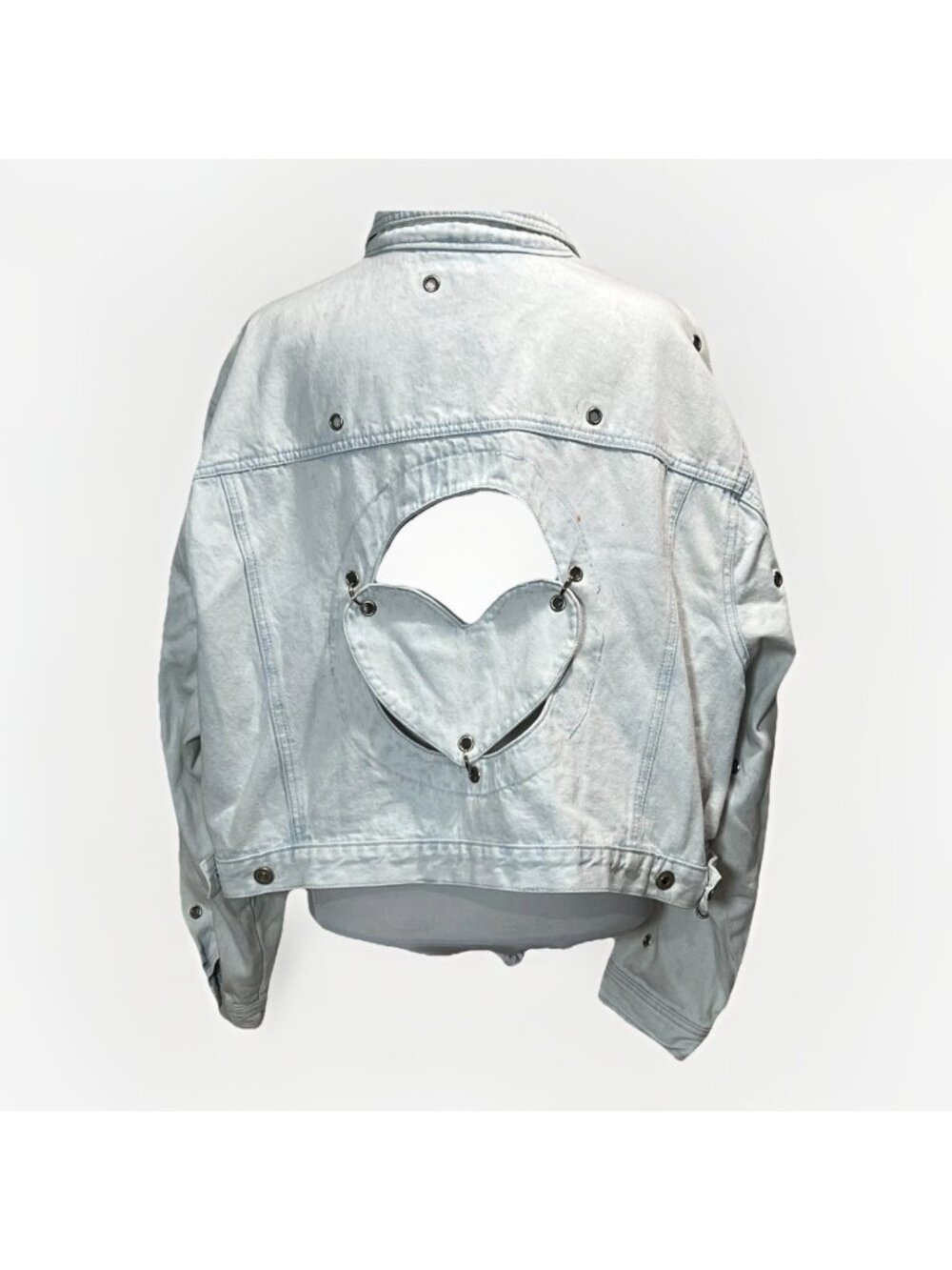 VTG Stefano Light Blue Wash Denim Jacket Heart Eyelets Women's 2X Oversized 80’s